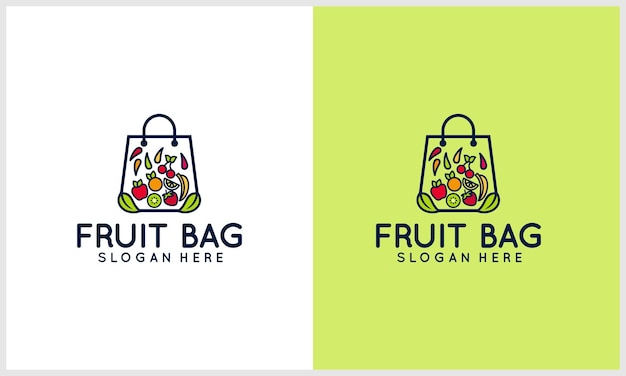 Vettore mazzo di frutta con modello di progettazione di logo di concetto di borsa del negozio