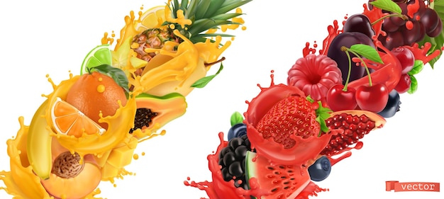 Fruit burst, splash of juice. Sweet tropical fruits and mixed forest berries. 3d realistic vector