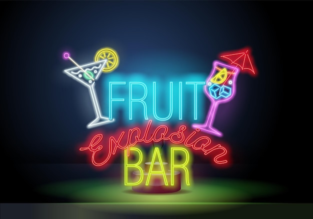 Fruit cafe or cafe neon sign colorful text and slice of watermelon on brick wall background night br...