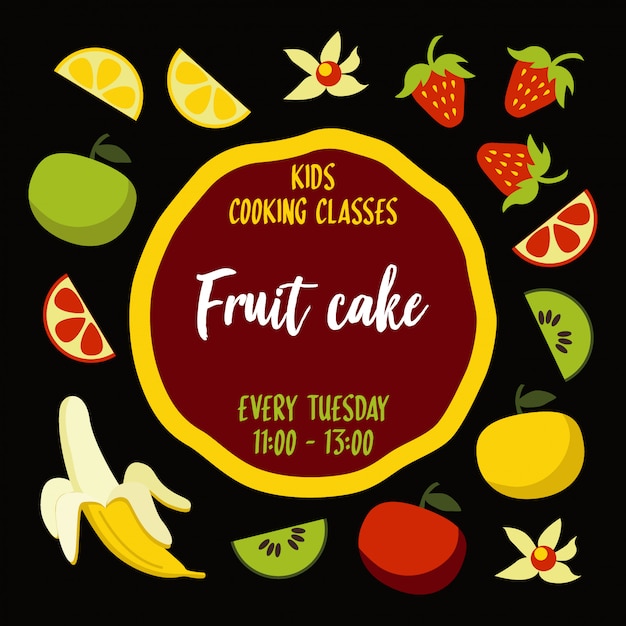 Fruit cake typografie poster met ingrediënten rond taart basis