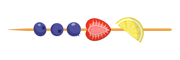 Vector fruit canapé op houten spies. aardbei, bosbes en citroen. gezond voedselconcept