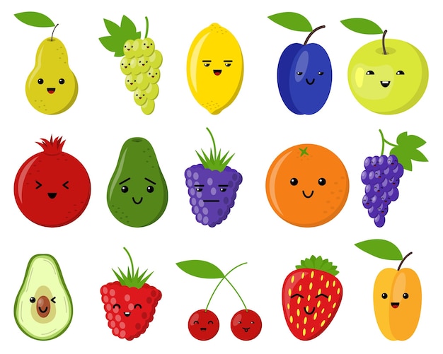 Fruit cartoon cute emoji set Fun smile characters raspberry strawberry blackberry bramble dewberry grapes lemon peach pomegranate cherry apricot apple pear plum orange avocado Healthy food emoticon