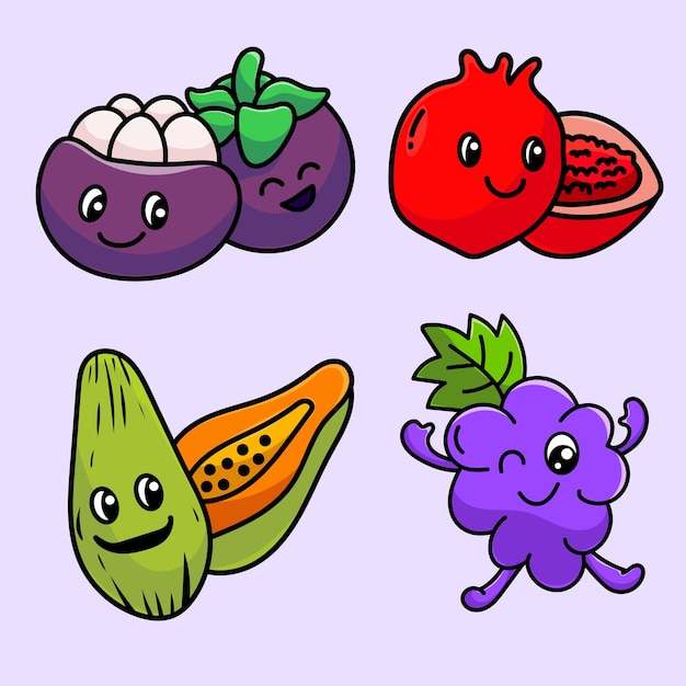 Fruit Cartoon Mascot Vector Design Flat Cute Smile Expression Mangosteen Papaya Pomegranate Grape