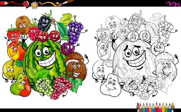 Vector fruit characters coloring page