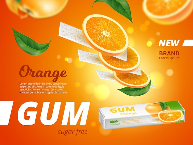 Fruit chewing gum citrus bubblegum realistic flying refreshing sticks with orange slices chewy stripes and leaves sugar free packaging design for branding vector advertising poster