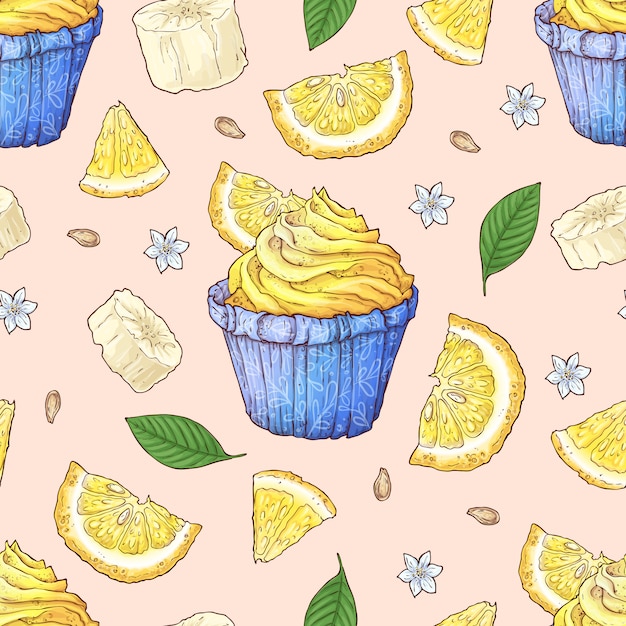 Fruit cupcake seamless pattern.