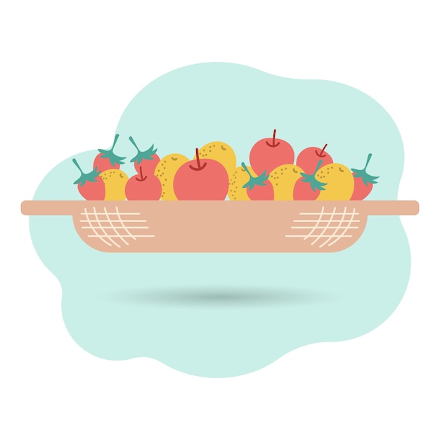 Piatto di frutta con limoni, mele e fragole in stile doodle su sfondo astratto stampa