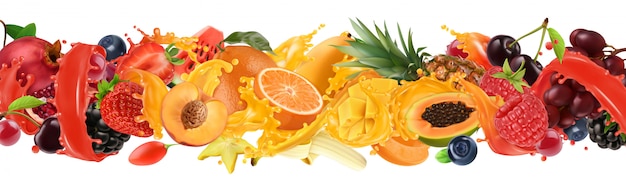 Fruit en bessen barsten. Scheutje sap. Zoete tropische vruchten