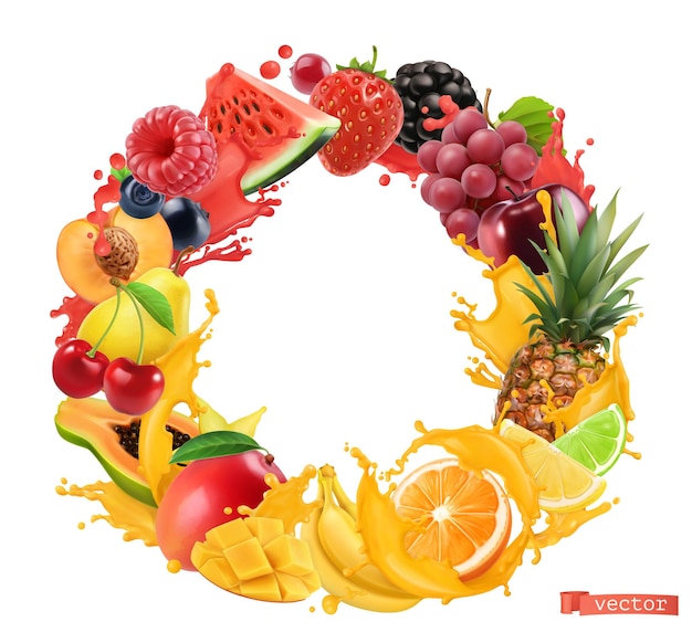 Fruit en bessen cirkelframe. Scheutje sap. 3D-vector realistische objecten. Watermeloen, banaan, ananas, aardbei, sinaasappel, mango, druiven