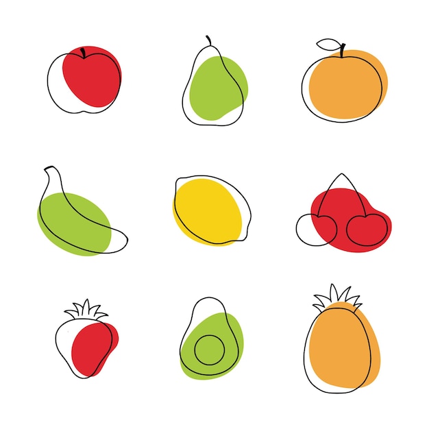 Fruit en bessen in de stijl van doodle. Een lineaire tekening met gezond fruit.