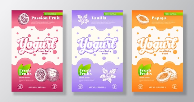 Fruit en bessen Yoghurt Label sjablonen instellen Abstract Vector zuivel verpakking ontwerp lay-outs collectie moderne Banner met Hand getrokken Maracuja Papaya en vanille schetsen achtergrond geïsoleerd