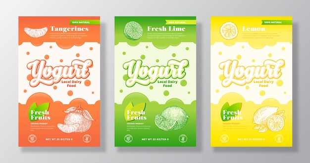 Fruit en bessen Yoghurt Label sjablonen Set. Abstract Vector Zuivel Verpakking Design Layouts Collectie. Moderne banner met hand getrokken mandarijn, citroen en limoen schetsen achtergrond. Geïsoleerd