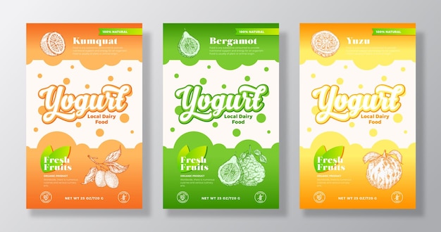 Fruit en bessen Yoghurt Label Templates Set Abstract Vector Dairy Packaging Design Layouts Collectie Moderne Banner met Handgetekende Kumkuat Bergamot en Yuzu Schetsen Achtergrond Geïsoleerd