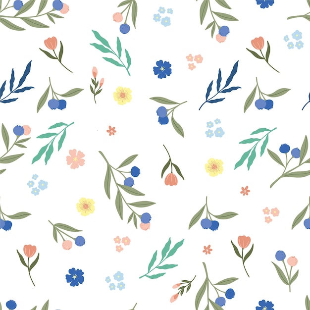 Fruit en bloem met de hand getekend illustratie naadloos patroon op witte blauwe bodem bosbessen