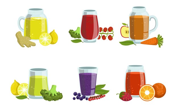 Vector fruit en groenten smoothies set gezonde detox cocktails met ingrediënten ontwerpelement voor café restaurant bar menu vector illustratie