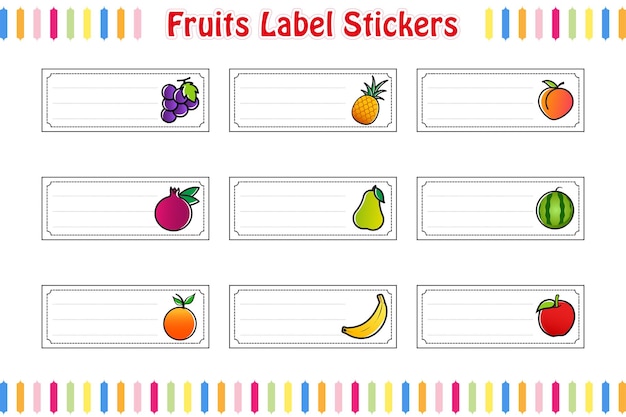 Fruit Etiketten Stickers, School naamlabels, Rechthoekige etiketten kleur vector geïsoleerde illustratie