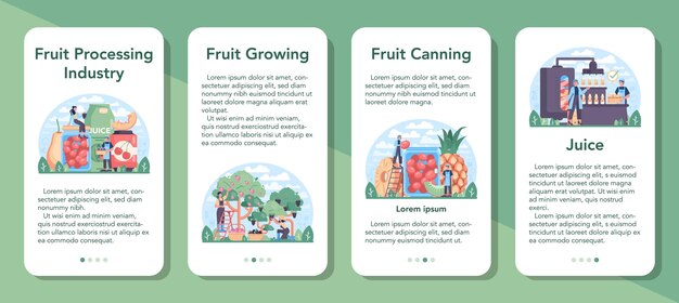 果物の農業と加工業界のモバイルアプリケーションバナーセット