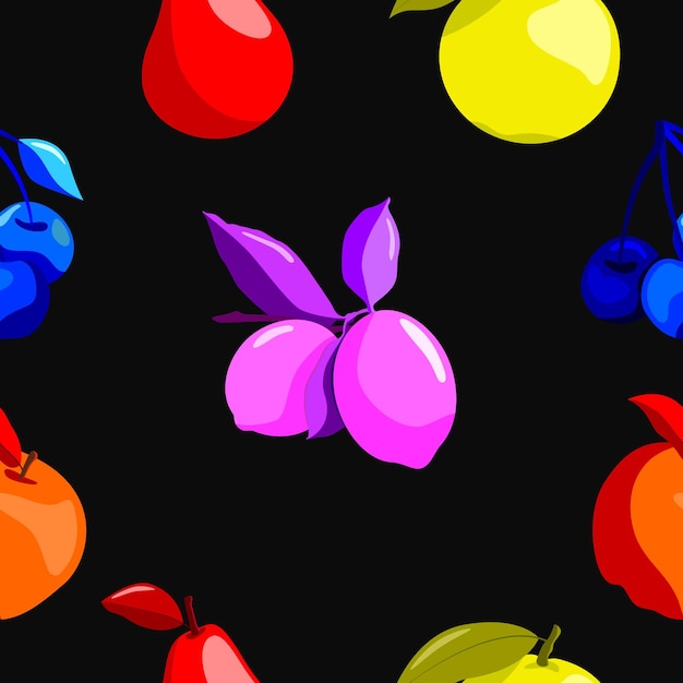 Vector fruit flat bright pattern on the black background