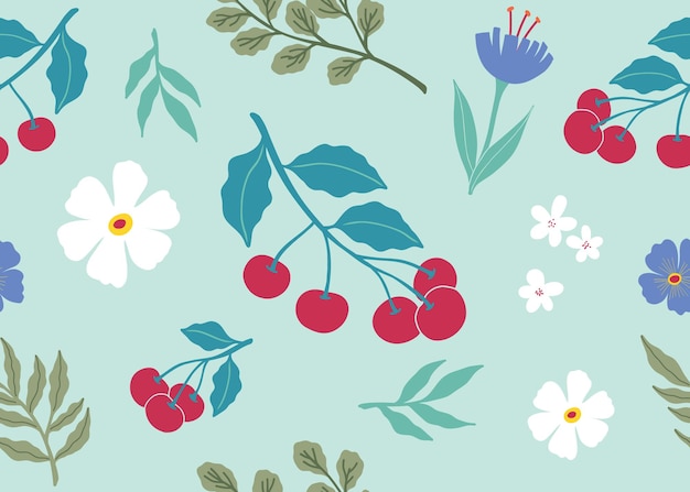 Vector fruit and flower hand drawn illlustration seamless pattern on blue blackground cherry