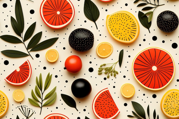 Vector fruit and flower pattern vector in the style of organic shapes and lines fleeting brushstrokes