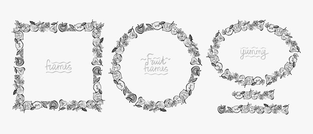 Vector fruit frames set and fruit brushes set vector graphic illustration with oval round and square fruit borders