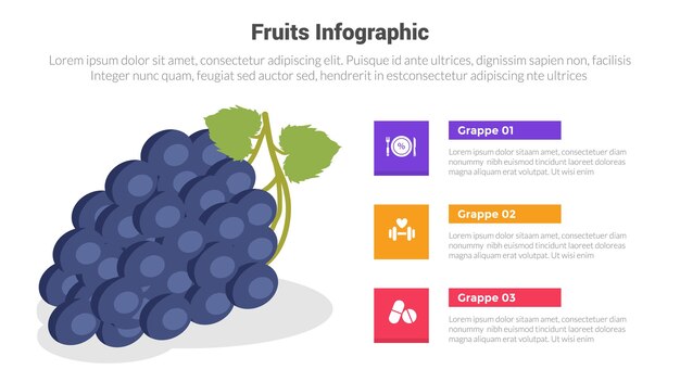 Vettore modello di diagramma di infografia di frutta fresca e sana con progettazione creativa in tre fasi per la presentazione di diapositive vettoriale