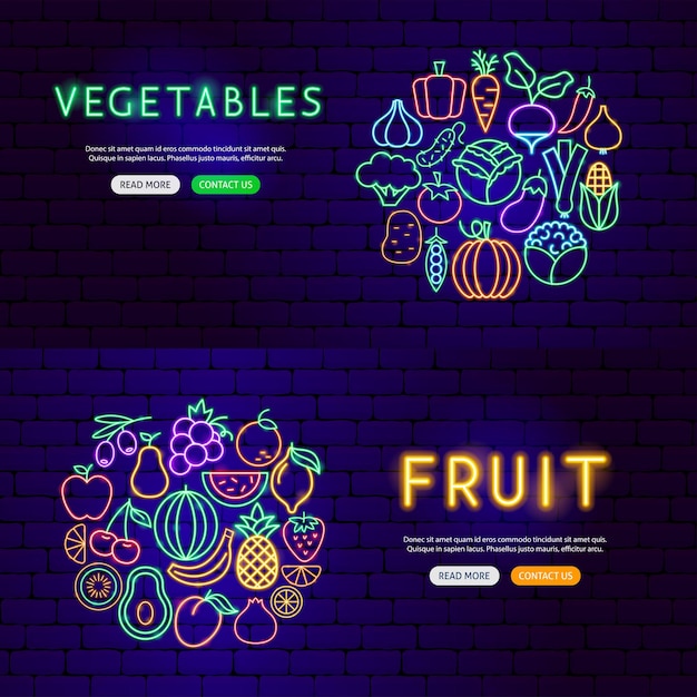 Vector fruit groente neon banners. vectorillustratie van gezonde voeding promotie.