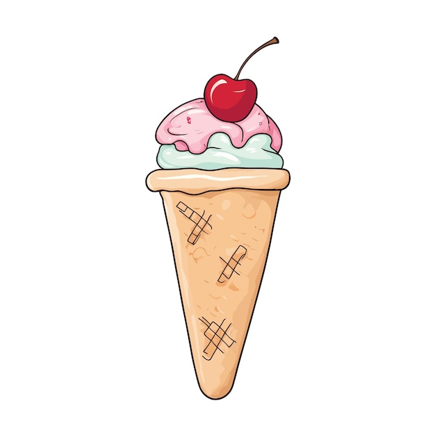 Fruit ice cream in waffer cone with cherry on top vector illustration