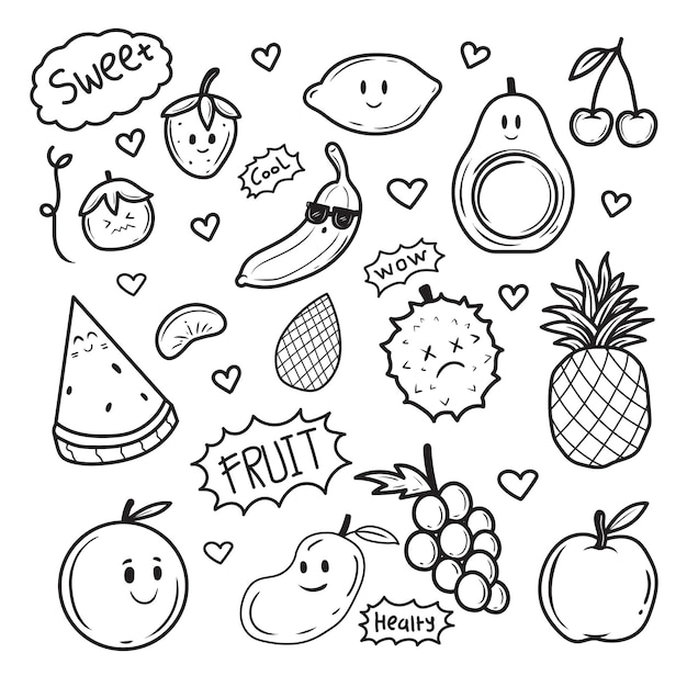 Fruit Icons Hand Drawn Doodle Coloring  