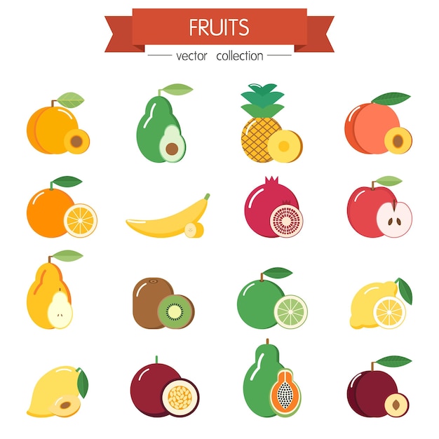 Fruit icons set flat line art, vector colorful illustration isolated on white