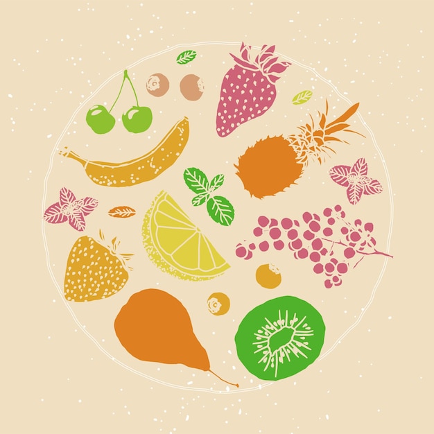 Fruit illustratie schets stijl retro kleuren cirkel samenstelling