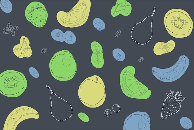 Fruit illustration sketch style bright spots dark background