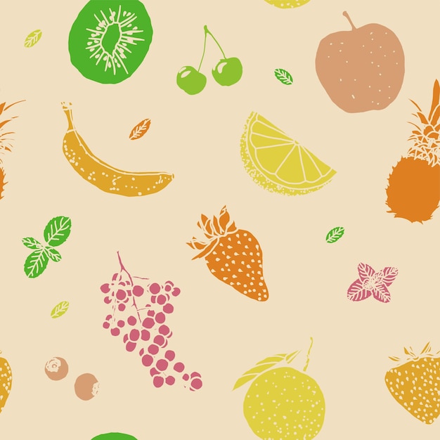 Fruit illustration sketch style retro colors seamless pattern