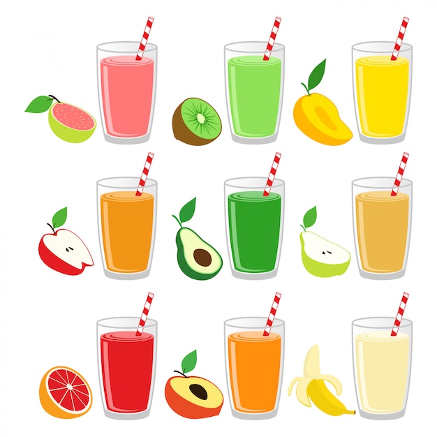 Vector fruit juice in glass design vector illustration set