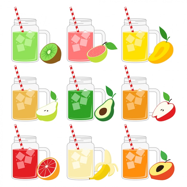 Fruit juice in mug jar design vector illustration set