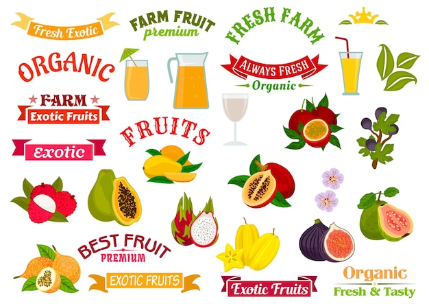 Fruit juice signs juicy fresh fruits icons set