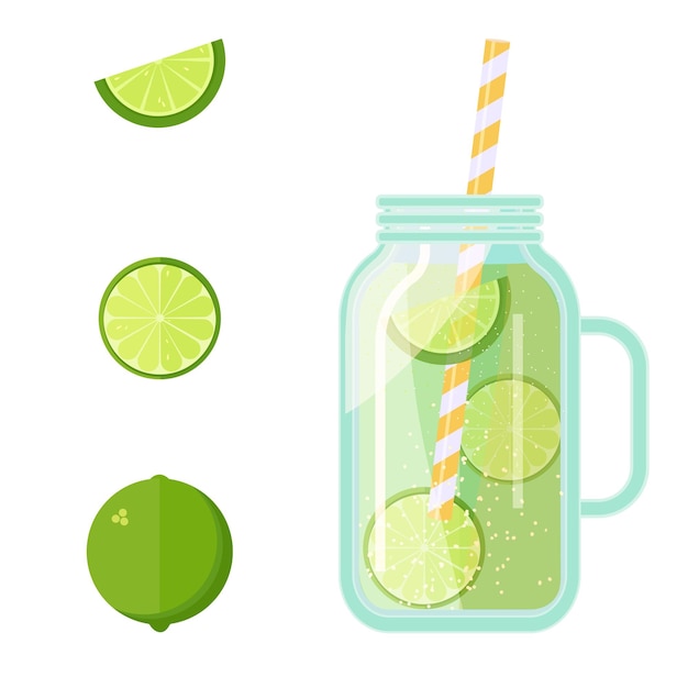 Fruit juice in a transparent glass jar straw tube Lime drink Template Vector