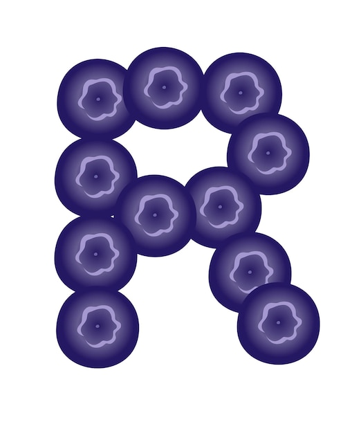 과일 편지 R 블루베리 스타일 만화 과일 디자인 평면 벡터 일러스트 레이 션 흰색 배경에 고립