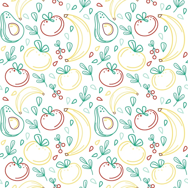 Fruit line pattern Bananas avocados and leaves Seamless vector flat pattern Transparent elements