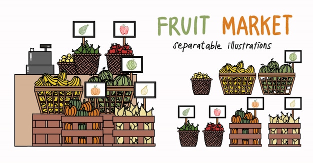 ベクトル 果物市場の分離可能な漫画パック