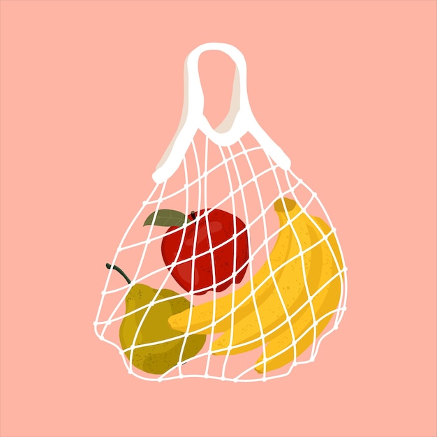 Frutta in un sacchetto a rete. una varietà di frutta tropicale fresca in un sacchetto eco riutilizzabile. illustrazione. concetto di rifiuti zero. consegna a domicilio di cibi sani. zero rifiuti, concetto senza plastica.