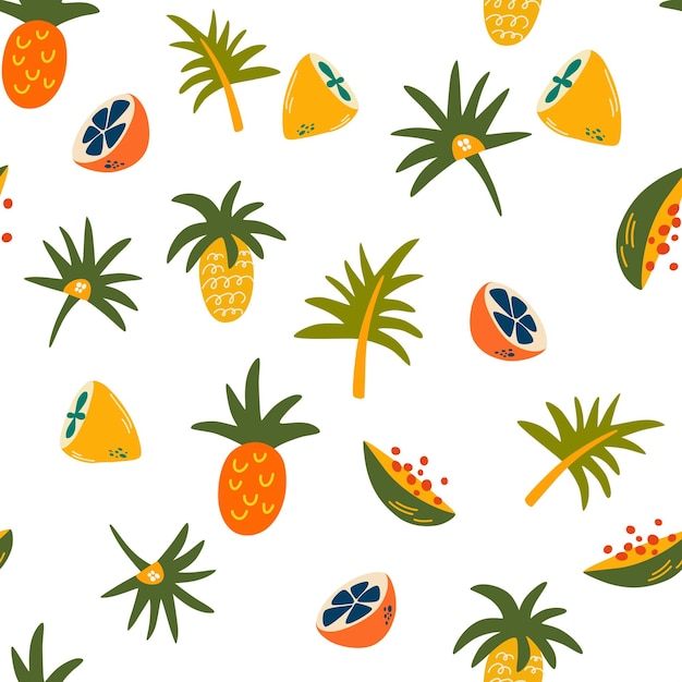 Fruit naadloos patroon Citroenen limoenen papaya ananas en tropische bladeren Heerlijk zoet eten Perfect voor het afdrukken van menu's en restaurants textiel inpakpapier Vectorillustratie