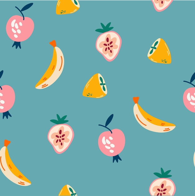 Fruit naadloos patroon Zoete banaan, citroen, aardbei en appel Voedsel achtergrond Vector