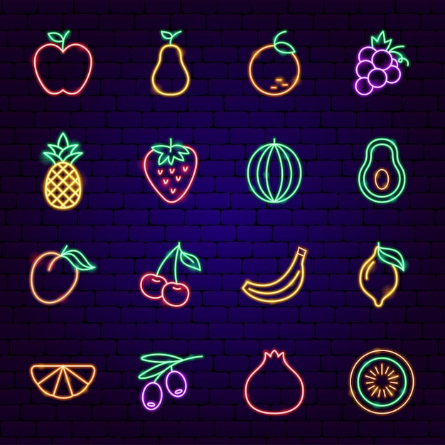 Icone al neon di frutta. illustrazione vettoriale di promozione di cibo sano.