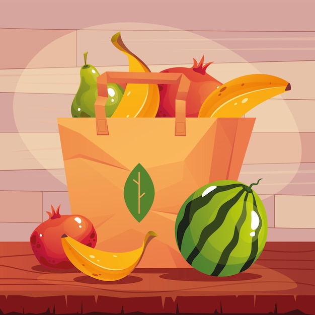 슈퍼마켓 식품 식료품 배달 개념으로 가득한 과일 종이 봉지