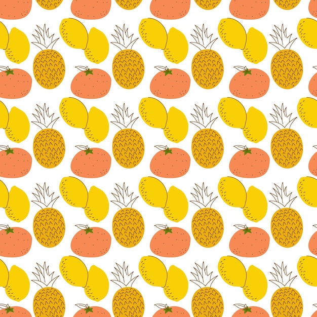 Fruit patroon met kleuren citroenen ananas oranje Cartoon vers fruit in vlakke stijl Aardbei banaan appel ananas kers citroen Naadloze patroon