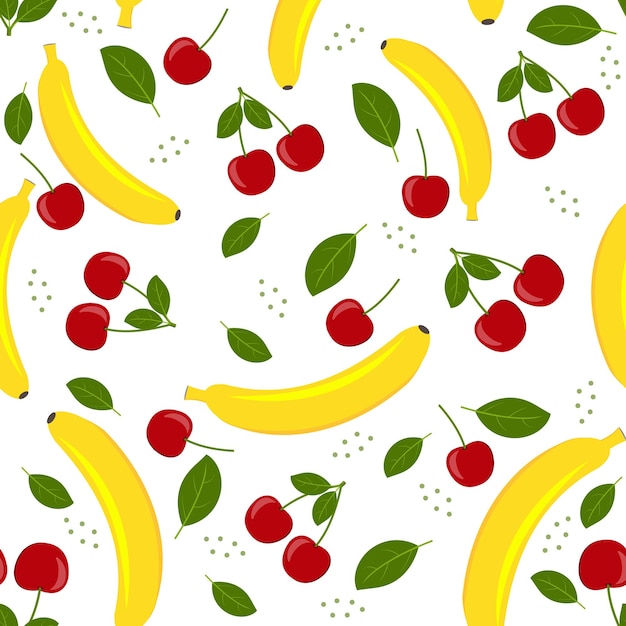 흰색 배경, 벡터 일러스트 레이 션에 체리와 바나나의 과일 패턴입니다.