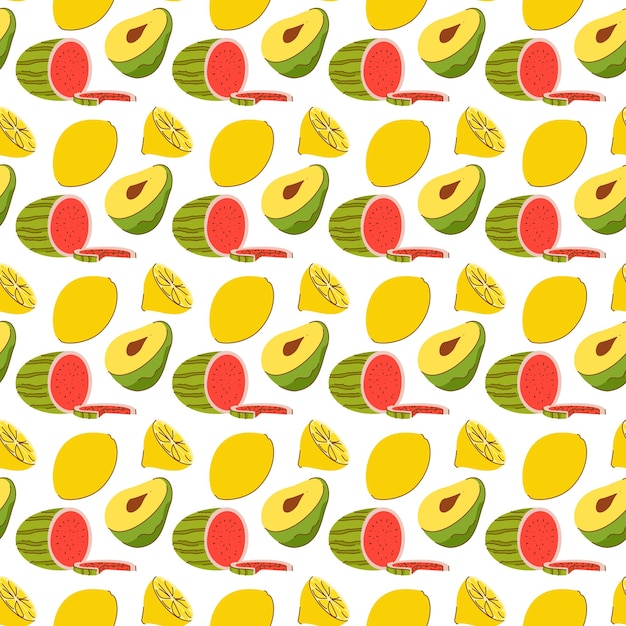 Fruit pattern with coloring doodle watermelon avocado lemon Vector Seamless Pattern of Fruits illustration