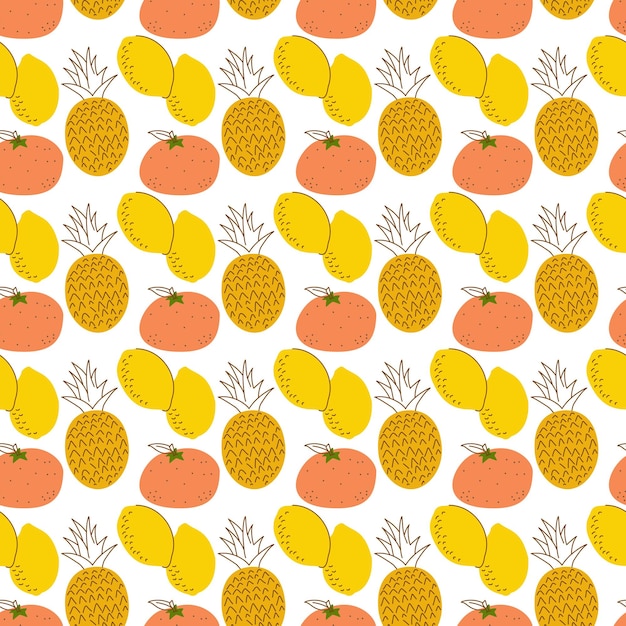 レモン パイナップル オレンジを着色とフルーツ パターン フラット スタイルの漫画の新鮮な果物 イチゴ バナナ アップル パイナップル チェリー レモン シームレス パターン