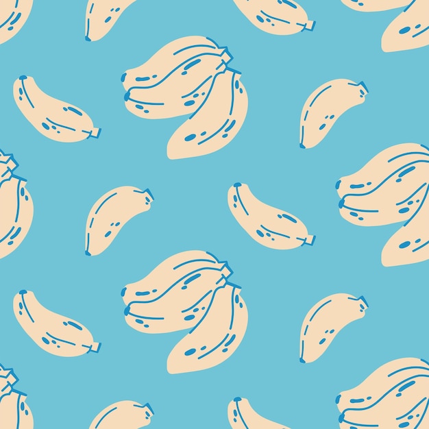 평평한 스타일의 파란색 배경에 양식화된 바나나가 있는 과일 패턴